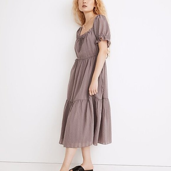 153 Madewell Square-Neck Tiered Midi Dress in Textured Seersucker Fig sz XXL - Picture 4 of 10